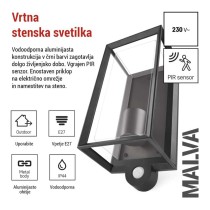 Vrtna stenska svetilka MALVA s PIR senzorjem,  13 x 12,5 x 28 cm, 1 x E27, 15 W