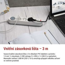 Prodlužovací kabel 3 m / 5 zásuvky / s vypínačem / bílo-šedý / 1×USB-A + 1×USB-C / 1,5 mm2