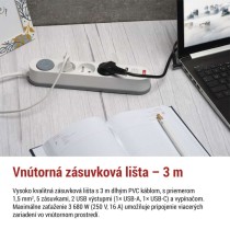 Predlžovací kábel 3 m / 5 zásuvky / s vypínačom / bielo-sivý / 1×USB-A + 1×USB-C / 1,5 mm2