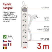 Prodlužovací kabel 3 m / 5 zásuvky / s vypínačem / bílo-šedý / 1×USB-A + 1×USB-C / 1,5 mm2