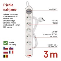 Predlžovací kábel 3 m / 5 zásuvky / s vypínačom / bielo-sivý / 1×USB-A + 1×USB-C / 1,5 mm2