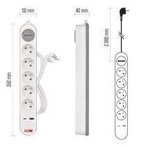 Prodlužovací kabel 3 m / 5 zásuvky / s vypínačem / bílo-šedý / 1×USB-A + 1×USB-C / 1,5 mm2