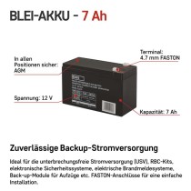 Wartungsfreier Blei-Akku 12 V/7 Ah, faston 4,7 mm