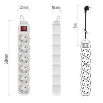 Hosszabbító 5 m / 6 aljzat / kapcsolós / fehér / PVC / 1,5 mm2