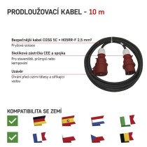 3 fázový venkovní prodlužovací kabel 10 m / 1 zásuvka / černý / guma / 400 V / 2,5 mm2