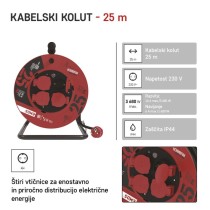 Zunanji kolutni podaljšek 25 m / 4 vtičnice / črni / guma / 230 V / 2,5 mm2