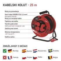 Zunanji kolutni podaljšek 25 m / 4 vtičnice / črni / guma / 230 V / 2,5 mm2