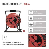 Zunanji kolutni podaljšek 50 m / 4 vtičnice / črni / guma / 230 V / 2,5 mm2