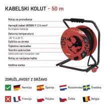 Zunanji kolutni podaljšek 50 m / 4 vtičnice / črni / guma / 230 V / 2,5 mm2