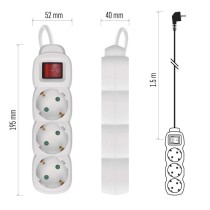 Hosszabbító 1,5 m / 3 aljzat / kapcsolós / fehér / PVC / 1,5 mm2