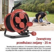 Przedłużacz zwijany ogrodowy 25 m / 4 gniazda / guma / 230 V / 1,0 mm2 / IP44