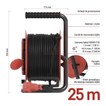 Przedłużacz zwijany ogrodowy 25 m / 4 gniazda / guma / 230 V / 1,0 mm2 / IP44