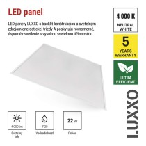 LED panel LUXXO backlit 60×60, štvorcový vstavaný biely, 22W neutrálna b.