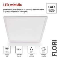 LED prisadené svietidlo FLORI štvorcový, biele, 18W, neutrálna biela