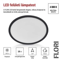 LED felületi lámpatest FLORI fekete, fehér, 18W, semleges fehér