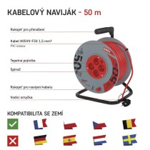 Prodlužovací kabel na bubnu 50 m / 4 zás. / s vypínačem / červený / PVC / 230V / 1,5 mm2