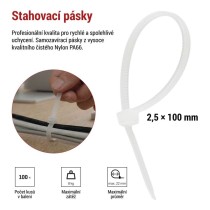 Stahovací páska 100×2,5 mm, bílá, 100 ks