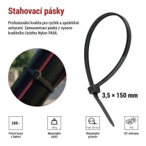 Stahovací páska 150×3,5 mm, černá, 100 ks