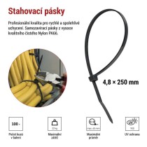 Stahovací páska 250×4,8 mm, černá, 100 ks