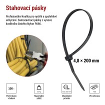 Stahovací páska 200×4,8 mm, černá, 100 ks