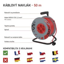 Predlžovací kábel na bubne 50 m / 4 zásuvky / s vypínačom / červený / PVC / 230V / 1,5 mm2