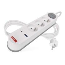 Prodlužovací kabel 2 m / 3 zásuvky / s vypínačem / bílo-šedý / 1×USB-A + 1×USB-C / 1,5 mm2