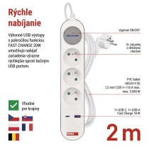 Predlžovací kábel 2 m / 3 zásuvky / s vypínačom / biely / 1×USB-A + 1×USB-C / 1,5 mm2