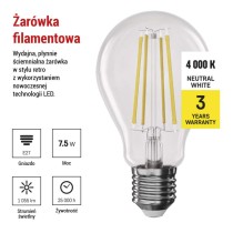 Żarówka LED Filament A60 / E27 / 7,5 W (75 W) / 1 055 lm / neutralna biel / ściemnialna