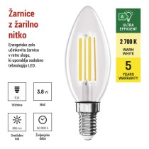LED žarnica Filament Candle A CLASS/ E14 / 3,8 W (60 W) / 806 lm / Toplo bel