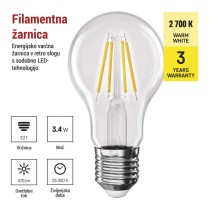 LED žarnica Filament A60 / E27 / 3,4 W (40 W) / 470 lm / Toplo bel
