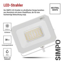 LED reflektor SIMPO 30W, weiß, IP65, 3000 lm, neutralweiß