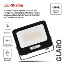 LED reflektor GLARO 30W, schwarz, IP65, 3000 lm, neutralweiß