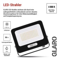 LED reflektor GLARO 50W, schwarz, IP65, 5000 lm, neutralweiß