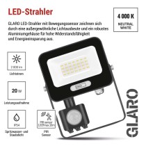 LED reflektor GLARO mit Bewegungssensor, 20 W, schwarz, IP54, 2000 lm, neutralweiß