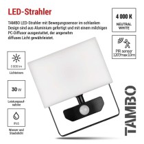 LED-Flutlicht TAMBO mit Bewegungssensor, 30 W, 3000 lm, schwarz