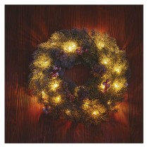 LED karácsonyi koszorú, havas, 38 cm, 2x AA, beltéri, meleg fehér, időzítő