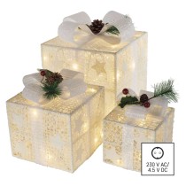 Dekoracje - 60 LED prezenty z dekoracją LED 11/13,5/20 cm złote, zimna biel, IP44
