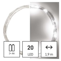 Dekoracje - 20 LED nano łezki 1,9m 2x AA zimna biel, srebrny przewód, IP20 timer