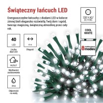 Lampki choinkowe Classic 40 LED 4m zimna biel, zielony przewód, IP44, 8 programów, timer
