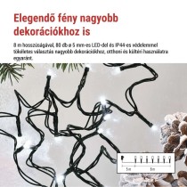 LED karácsonyi fényfüzér, 8 m, kültéri és beltéri, hideg fehér, progr, időz.