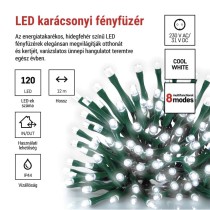 LED karácsonyi fényfüzér, 12 m, kültéri és beltéri, hideg fehér, progr, időz.