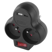 Rozgałęźnik 2×, wył., 1×USB-A+1×USB-C, czarny