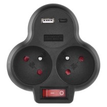 Rozgałęźnik 2×, wył., 1×USB-A+1×USB-C, czarny