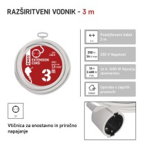 Podaljšek 3 m / 1 vtičnica / beli / PVC / 1,5 mm2