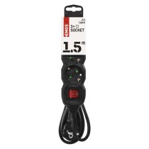 Hosszabbító 1,5 m / 3 aljzat / kapcsolós / fekete / PVC / 1 mm2