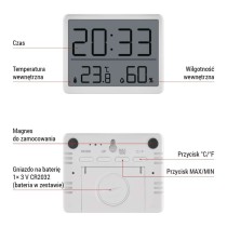 Termometr z higrometrem E0558W, czujnik bezprzewodowy, budzik, data