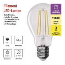 LED Lampe Filament A60 / E27 / 7,5 W (75 W) / 1 055 lm / Warmweiß / dimmbar