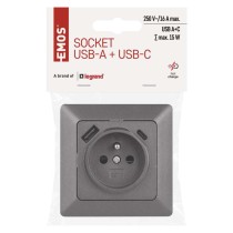 Gniazdo FRENCH z USB-A+USB-C, 3A max. IP20, antracyt