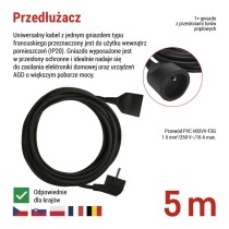 Przedłużacz 5 m / 1 gniazdo / czarny / PVC / 1,5 mm2
