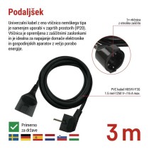 Podaljšek 3 m / 1 vtičnica / črn / PVC / 1,5 mm2